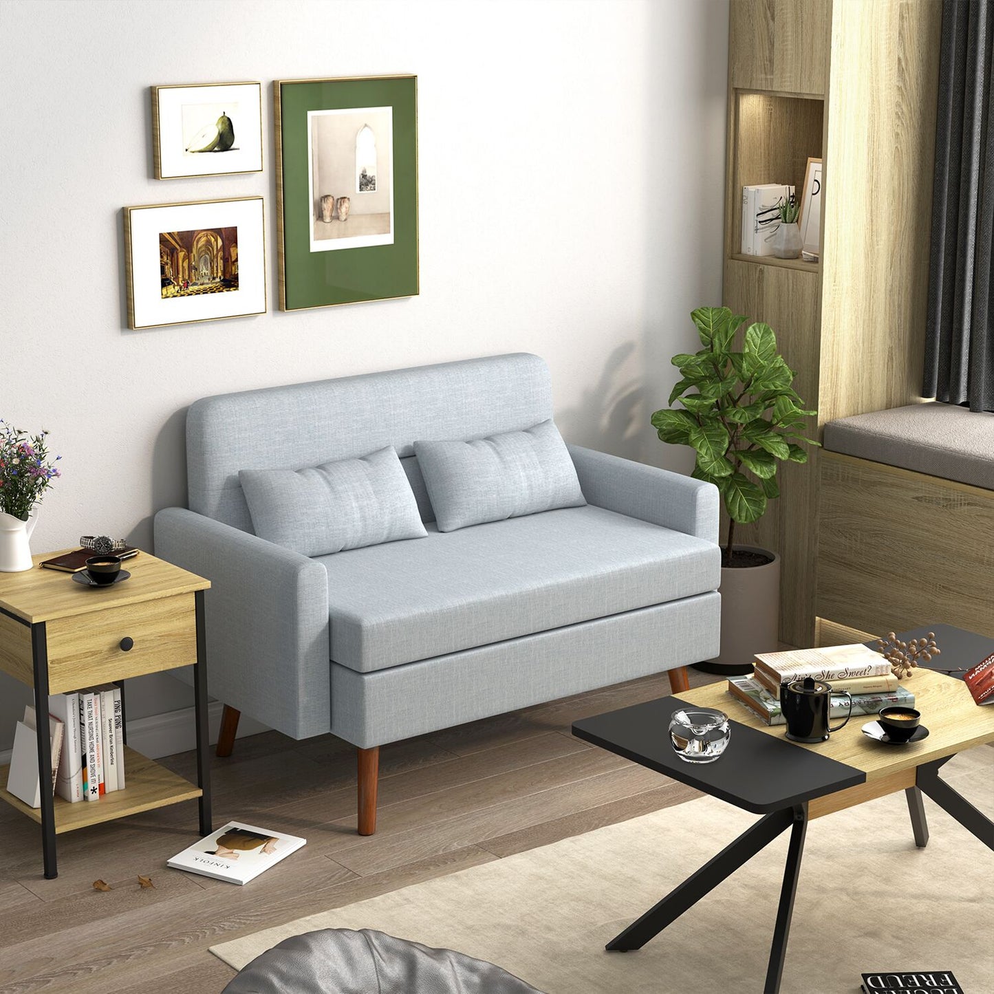 Sofá Loveseat 115cm Moderno Pequeño Tapizado en Tela Gris