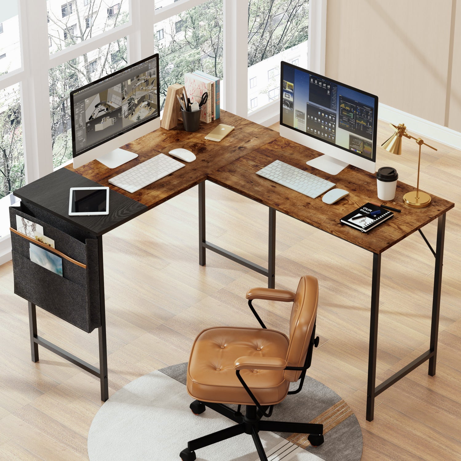 Escritorio de esquina industrial, escritorio de esquina rústico, escritorio  de oficina de nogal, estación de trabajo