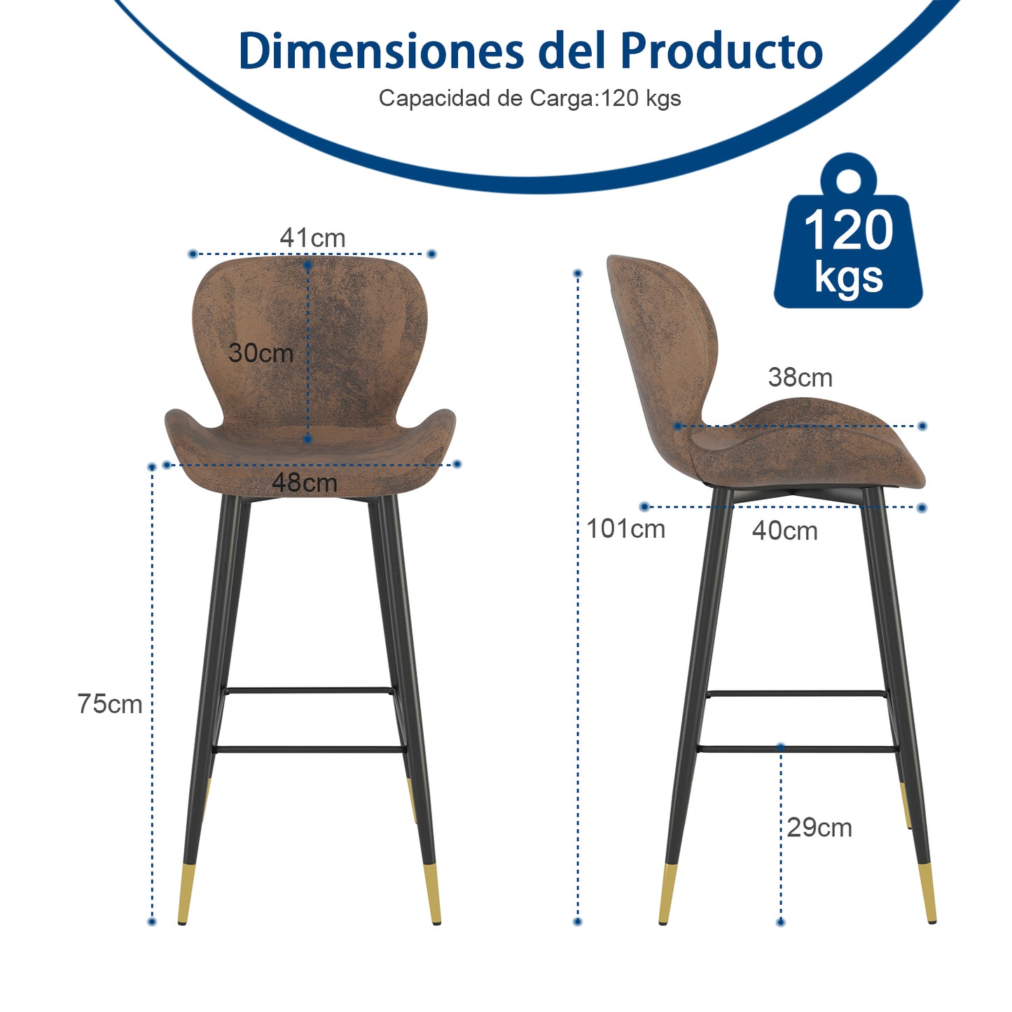 Juego de 2 Sillas Ergonómicas de Altura con Asiento y Respaldo Marrón Vintage