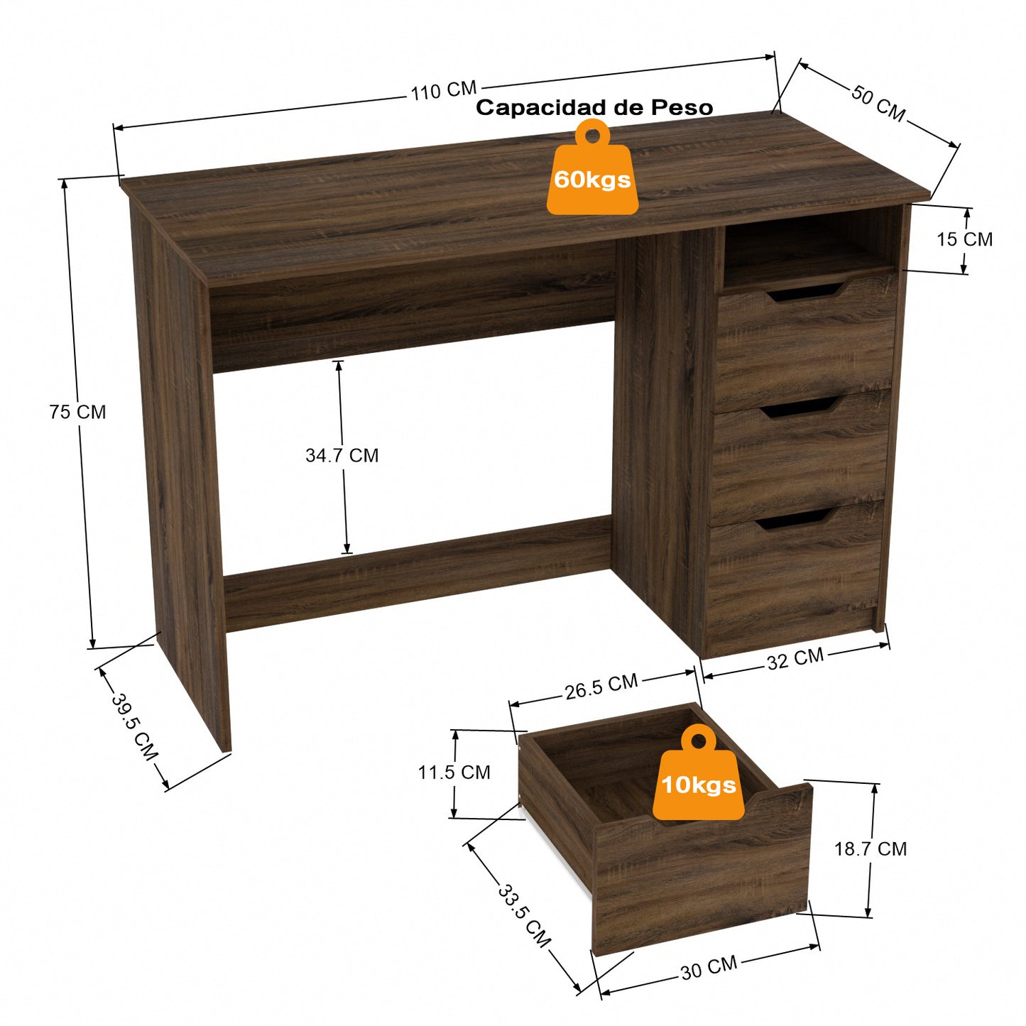 Escritorio de Madera de Computadora Multiuso con 3 Cajones Nogal