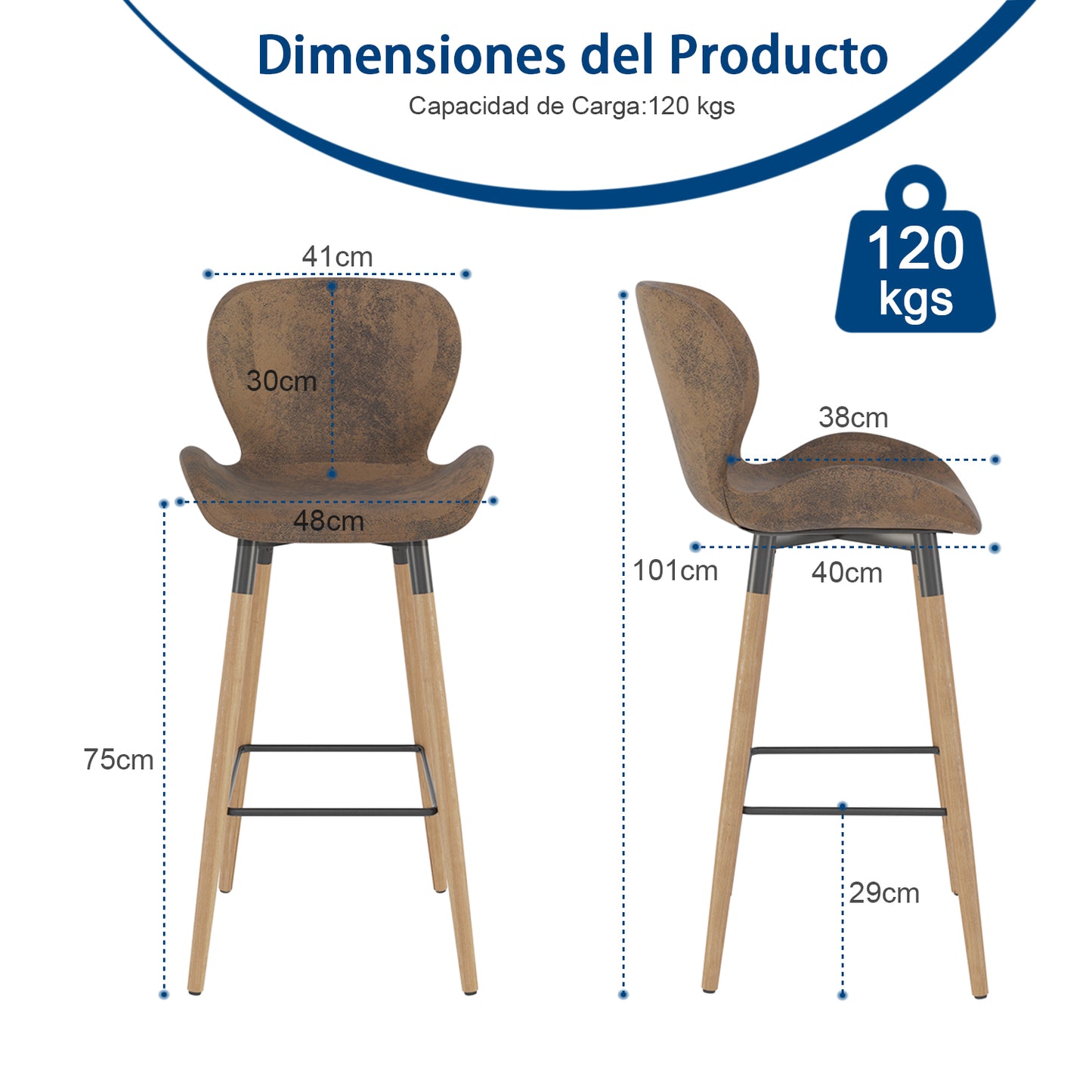 Juego de 2 Taburetes de bar, Sillas Ergonómicas de Altura con Asiento y Respaldo Marrón Vintage