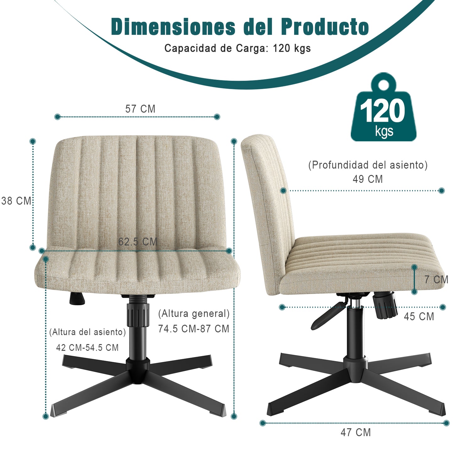 Silla de Oficina Ergonómica sin Brazos con Respaldo Medio Beige