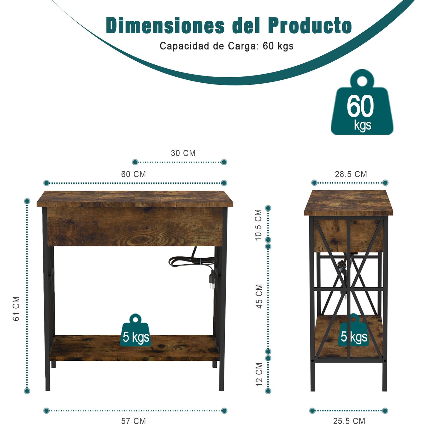 Mesa Auxiliar con Puertos USB y Tomacorrientes Vintage