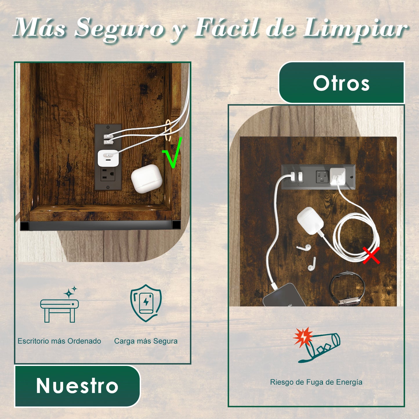 Mesa Auxiliar con Puertos USB y Tomacorrientes Vintage