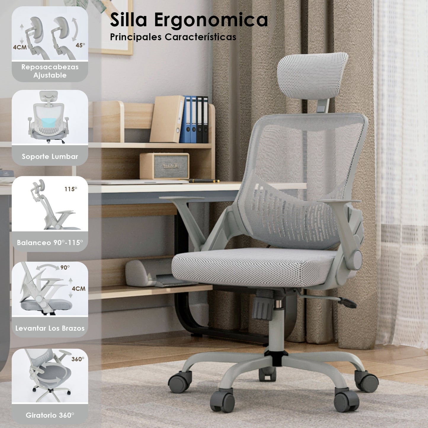 Silla de Oficina Ergonómica con Reposacabezas Gris