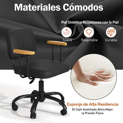 Silla de Oficina en Casa,Silla de Trabajo Giratoria de Cuero de PU con Respaldo Bajo y Brazos Negro