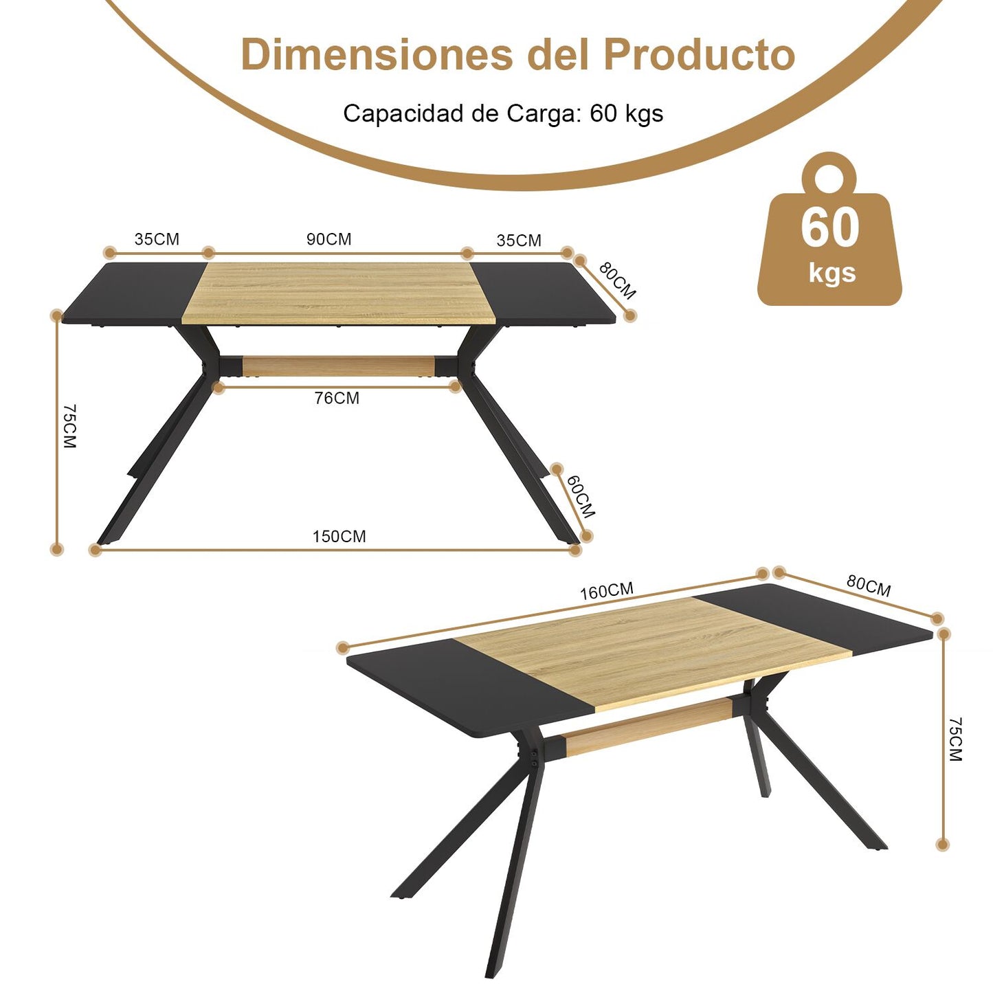 Mesa de Comedor para 4-6 Personas Negro y Natural