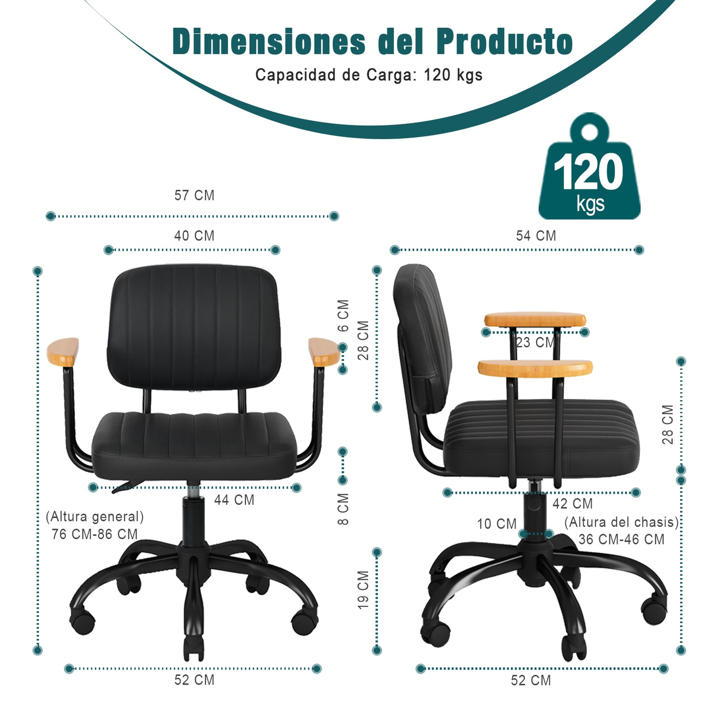 Silla de Oficina en Casa,Silla de Trabajo Giratoria de Cuero de PU con Respaldo Bajo y Brazos Negro