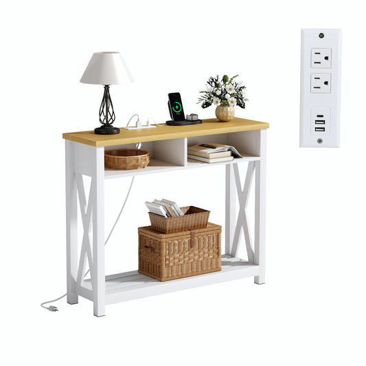 Farmhouse Mesa Consola con Tomas de Corriente y Puertos USB Blanco y Natural