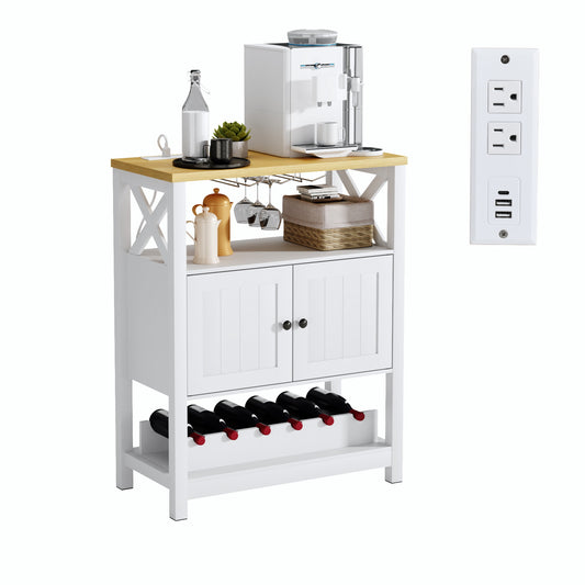 Farmhouse Mueble Bar de Café con Tomas de Corriente y Puertos USB Blanco y Natural