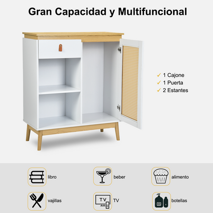 Gabinete de Bufé Aparador, Gabinete de Almacenamiento de Cocina con Puertas Decoradas de Ratán Blanco