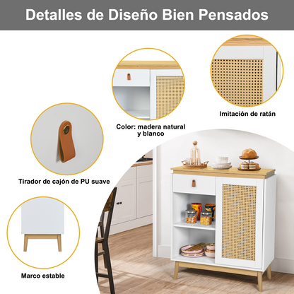 Gabinete de Bufé Aparador, Gabinete de Almacenamiento de Cocina con Puertas Decoradas de Ratán Blanco