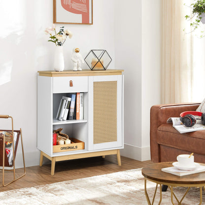 Gabinete de Bufé Aparador, Gabinete de Almacenamiento de Cocina con Puertas Decoradas de Ratán Blanco