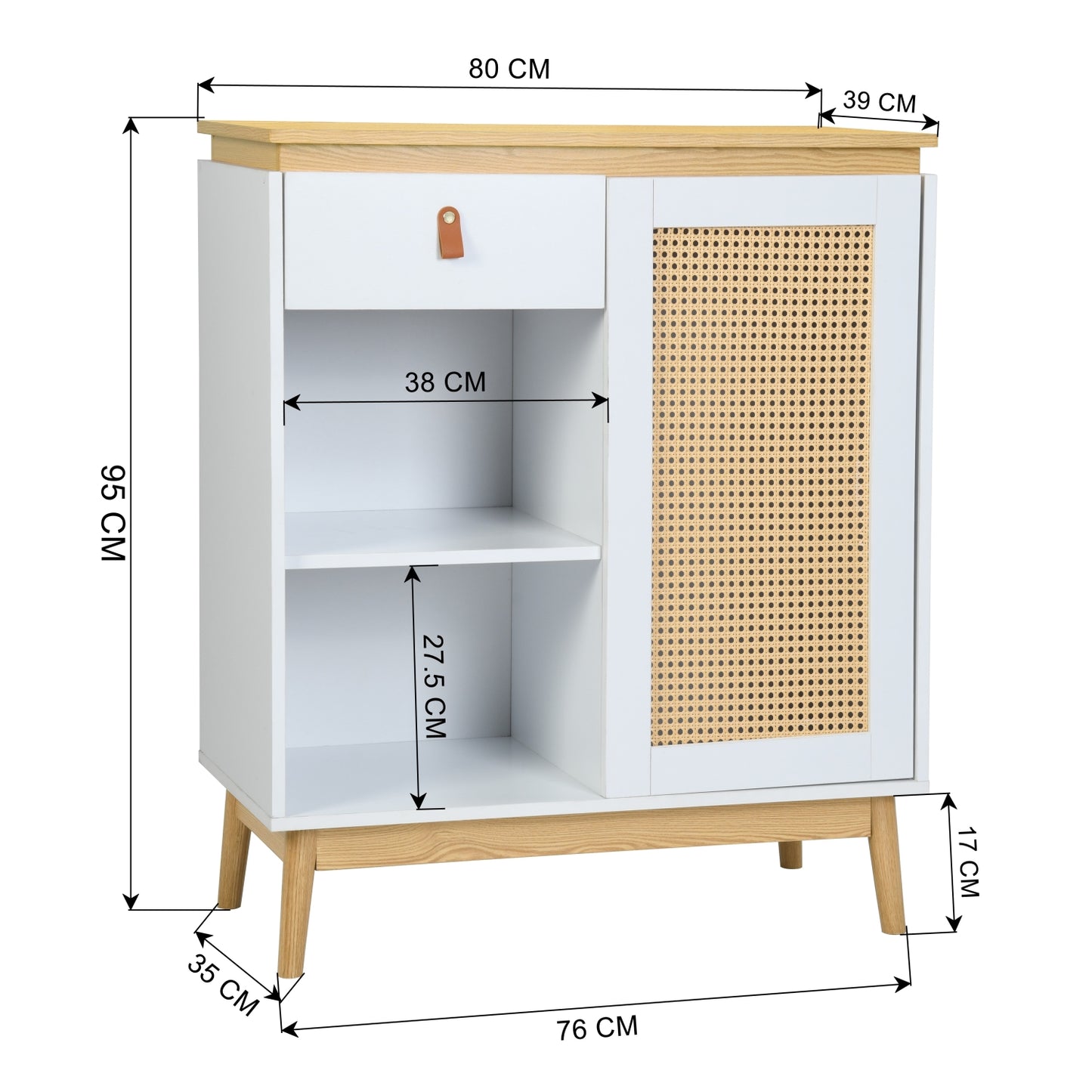 Gabinete de Bufé Aparador, Gabinete de Almacenamiento de Cocina con Puertas Decoradas de Ratán Blanco