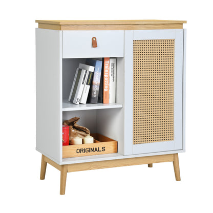 Gabinete de Bufé Aparador, Gabinete de Almacenamiento de Cocina con Puertas Decoradas de Ratán Blanco