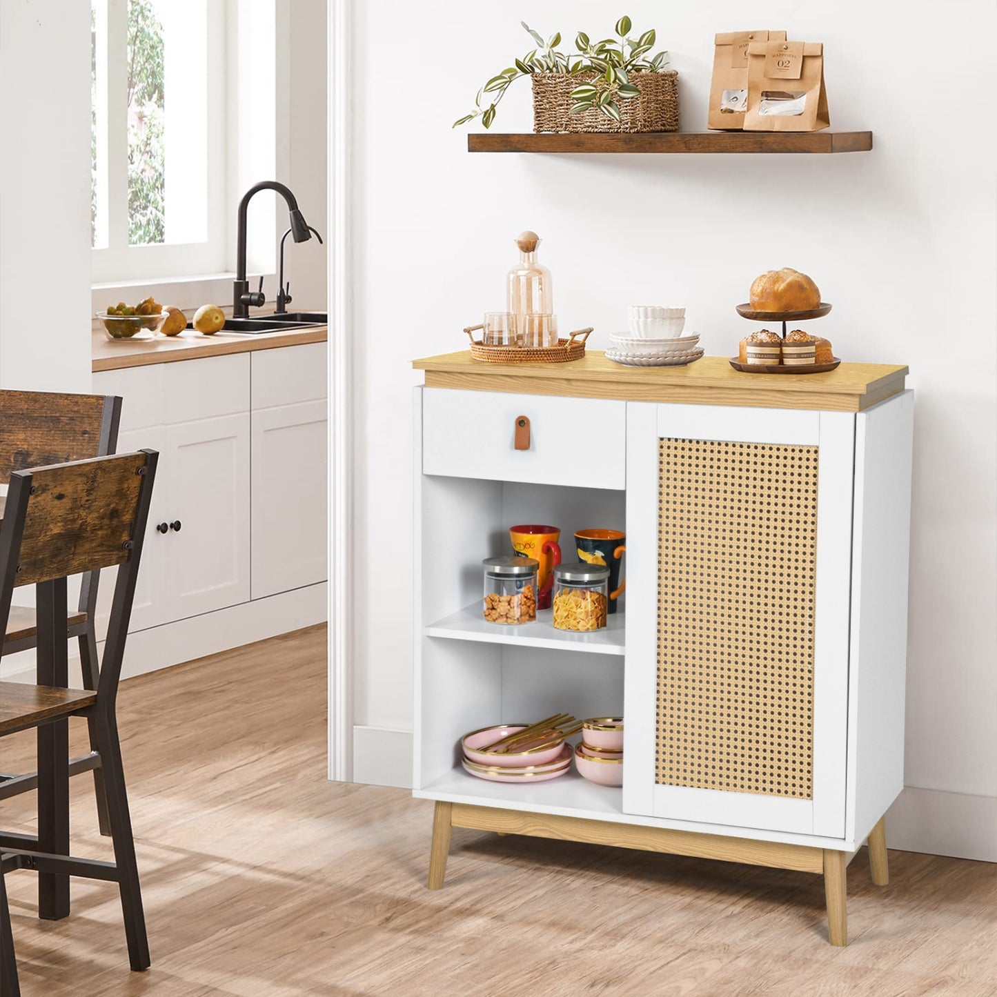 Gabinete de Bufé Aparador, Gabinete de Almacenamiento de Cocina con Puertas Decoradas de Ratán Blanco